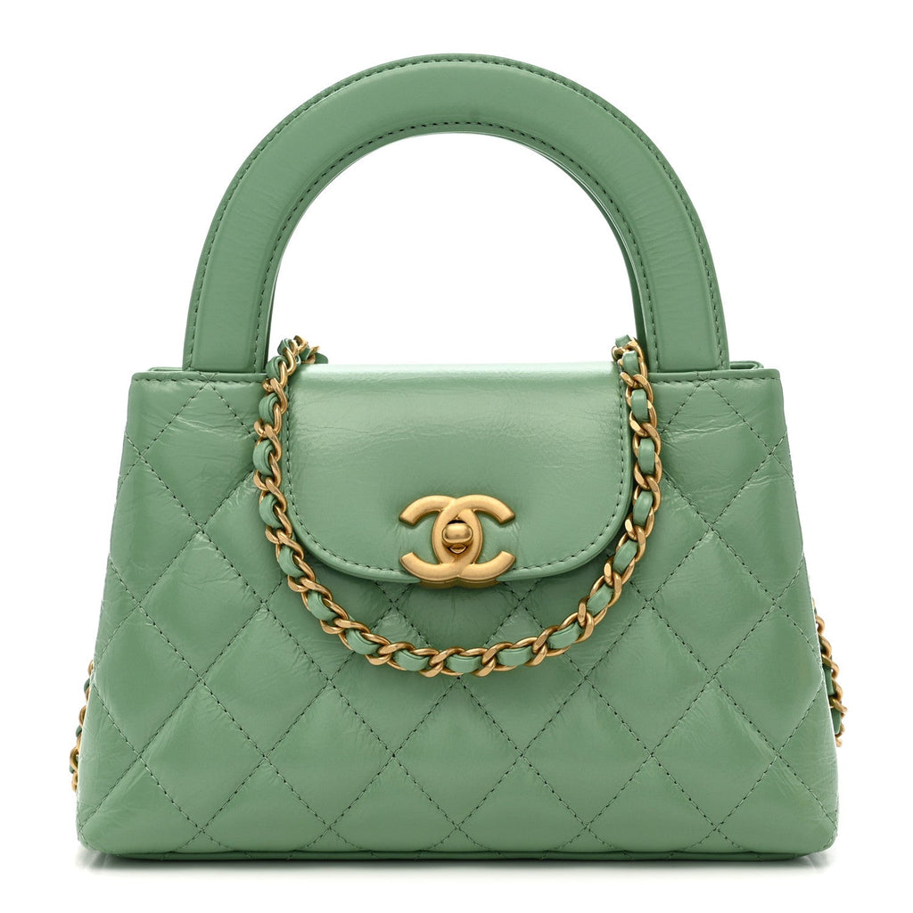 Shiny Aged Calfskin Quilted Nano Kelly Shopper Light Green