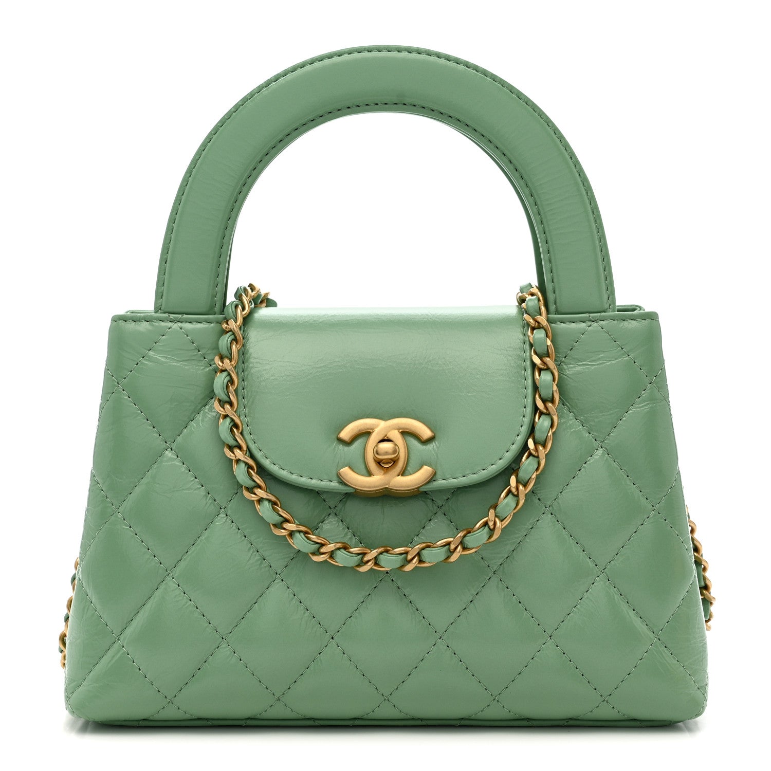 Shiny Aged Calfskin Quilted Nano Kelly Shopper Light Green