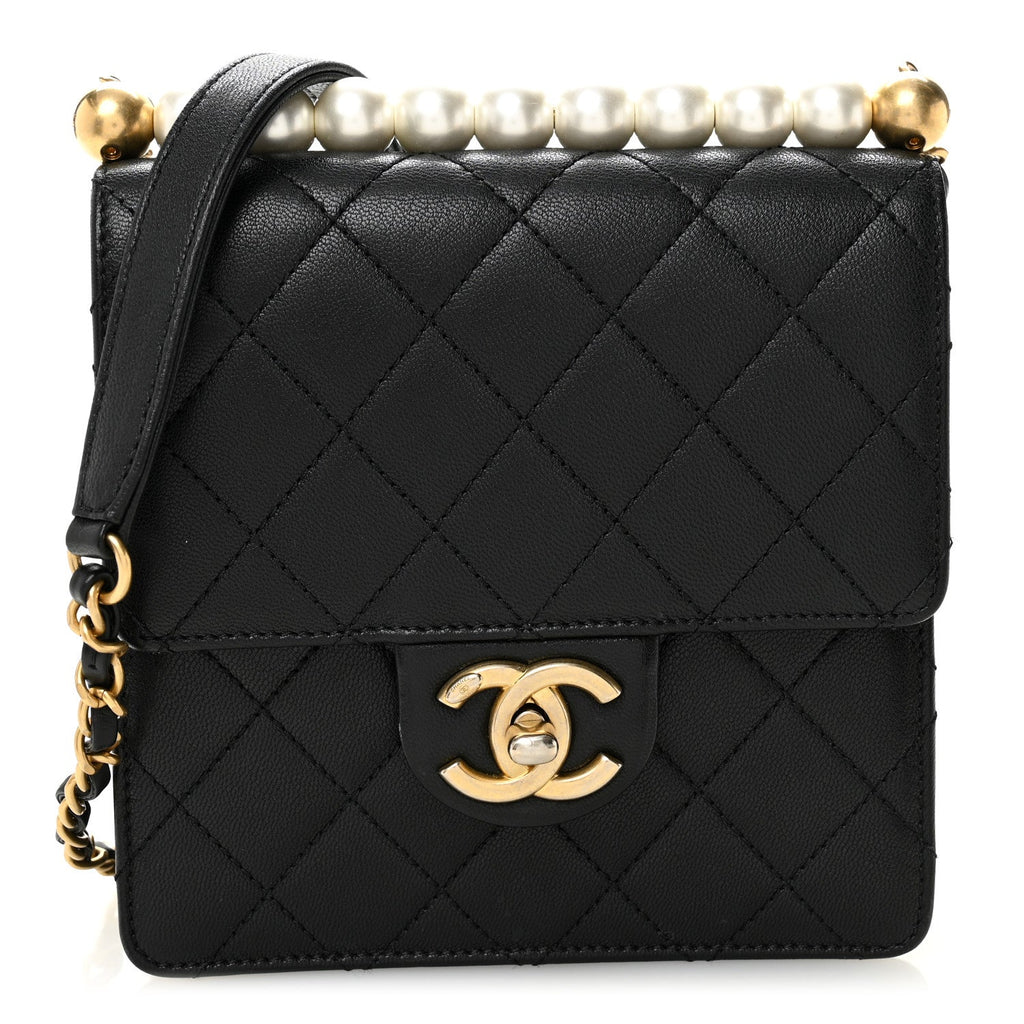 Goatskin Quilted Chic Pearls Flap Black