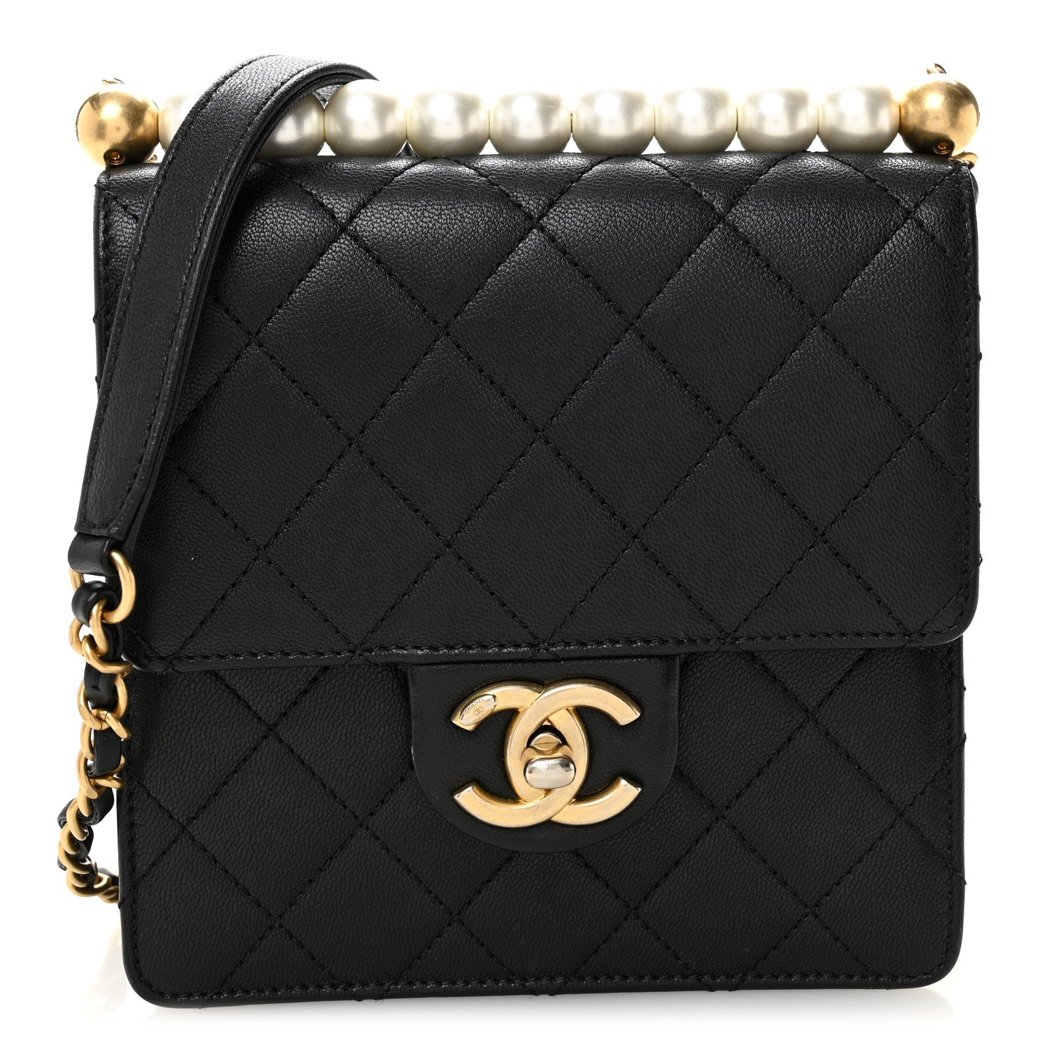 Goatskin Quilted Chic Pearls Flap Black