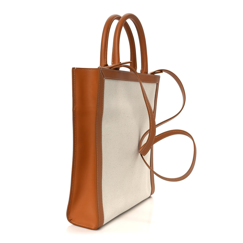 Canvas Calfskin Logo Print Small Vertical Cabas Natural Tan