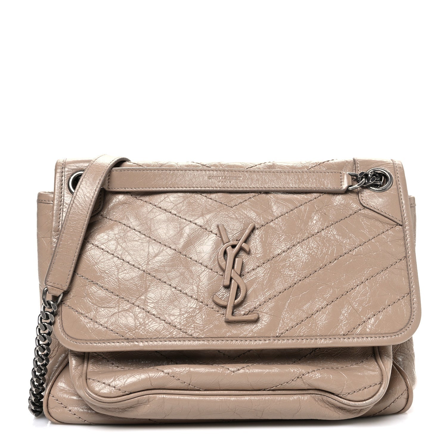 Crinkled Calfskin Matelasse Monogram Medium Niki Chain Satchel Light Taupe