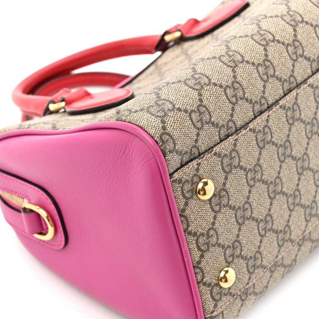 GG Supreme Monogram Moon Calfskin Small Boston Beige Ebony Hibiscus Red New Rosette