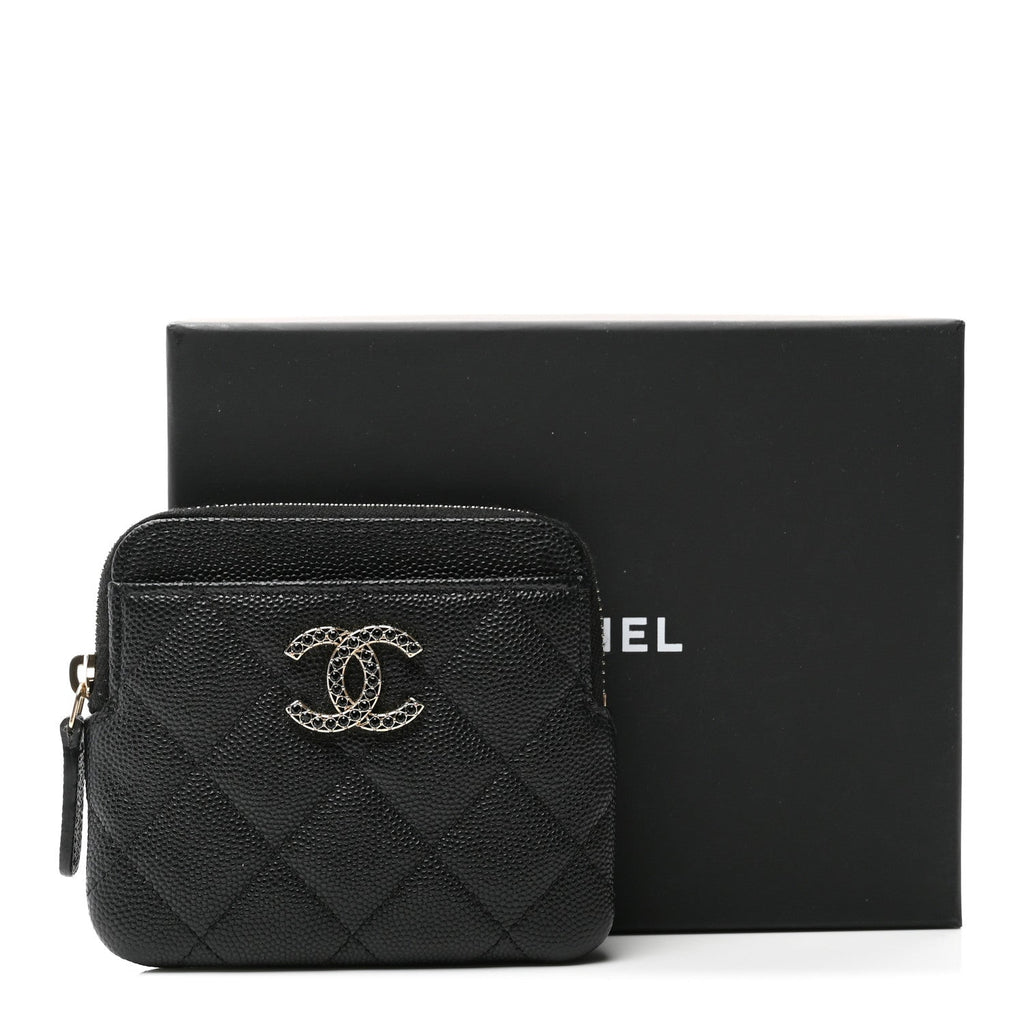 Caviar Quilted Crystal Zip  Holder Wallet Black