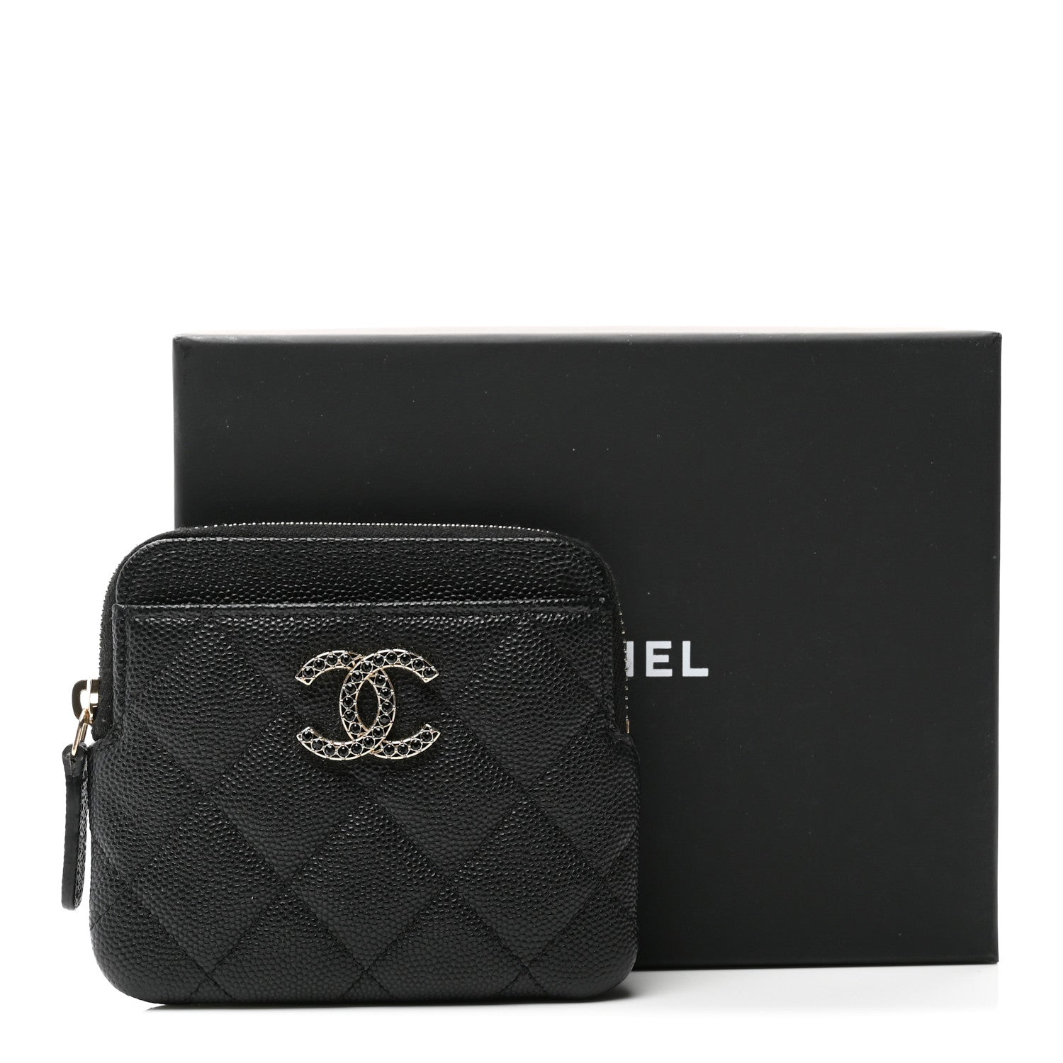 Caviar Quilted Crystal Zip  Holder Wallet Black