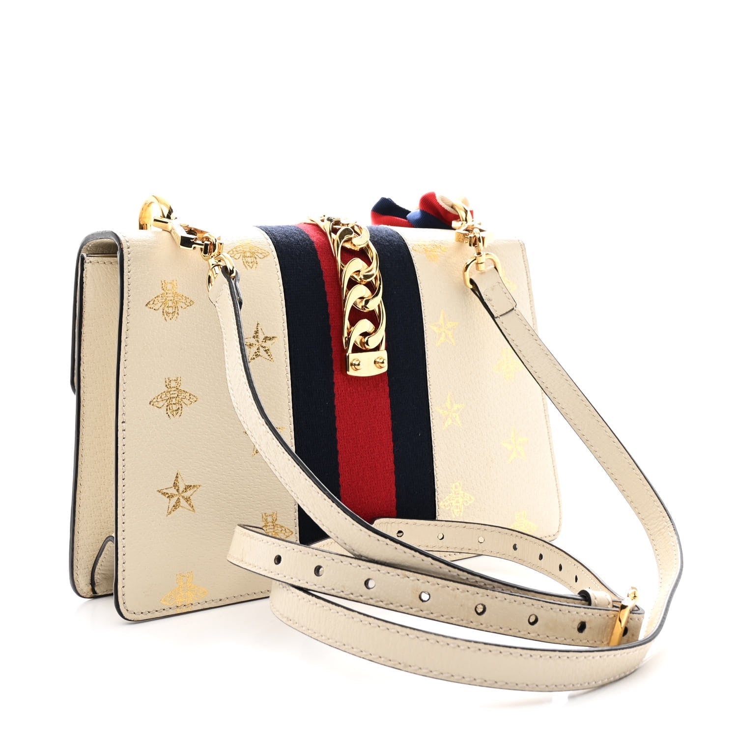 Textured Calfskin Bee Star Print Small Sylvie Shoulder Bag Mystic White