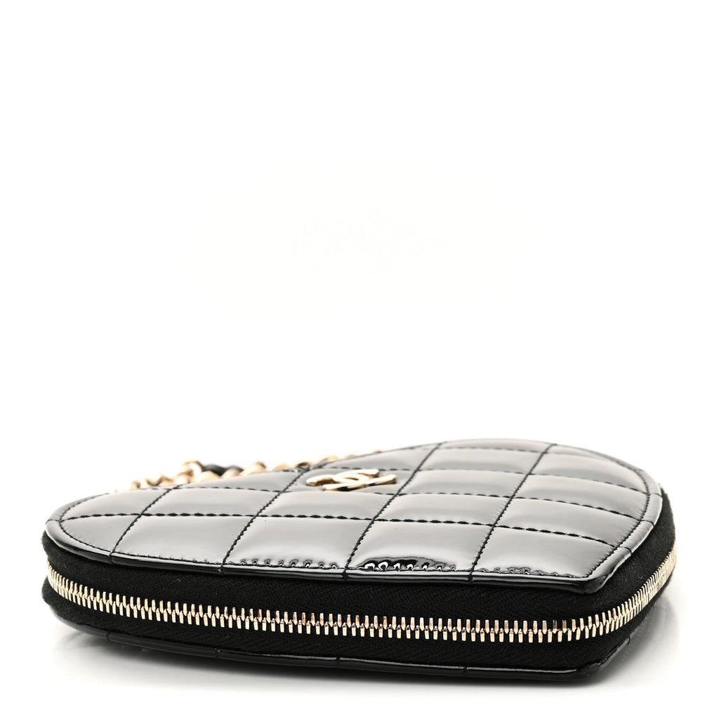 Patent Calfskin Resin Quilted CC Heart Clutch With Chain Black