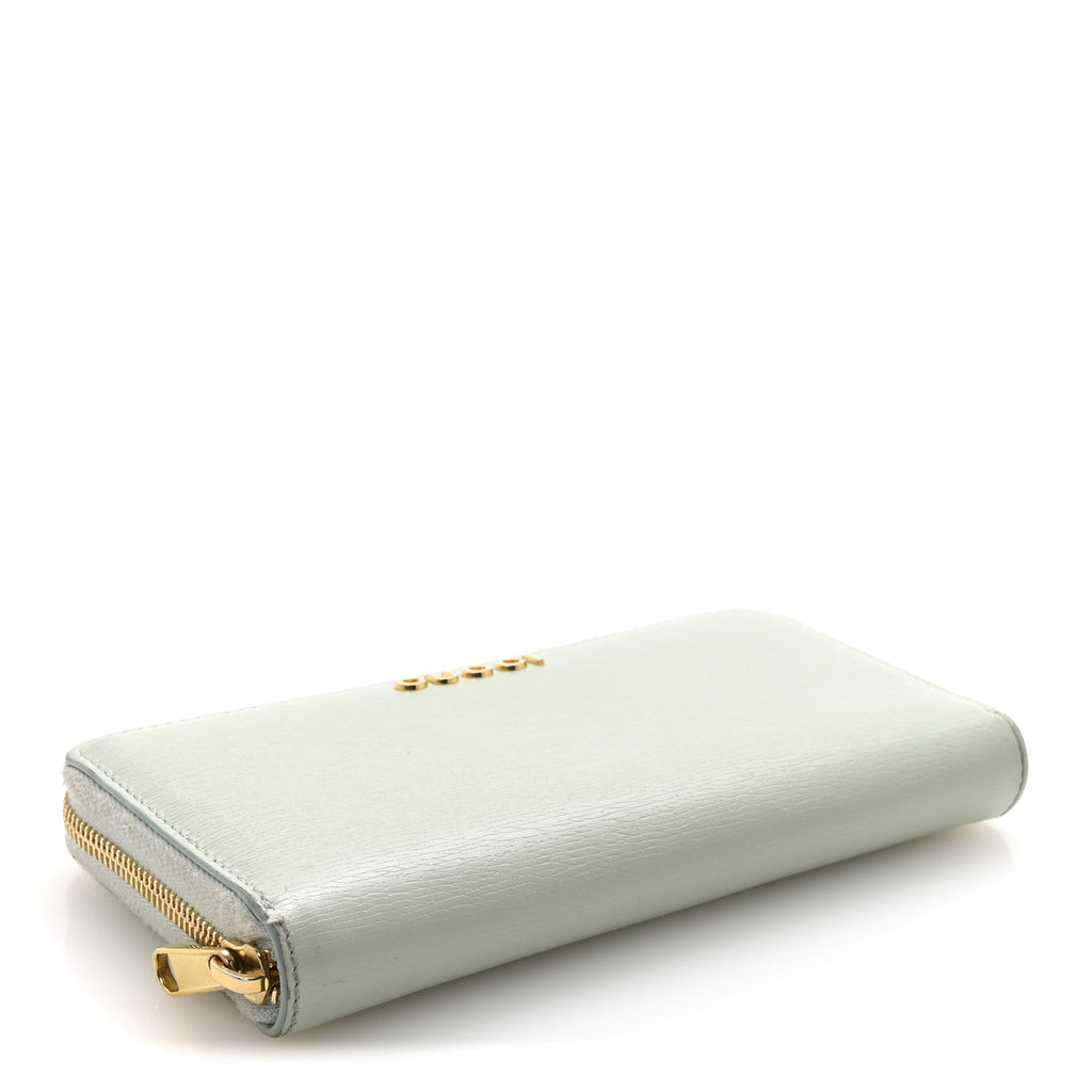 Textured Calfskin Gucci Script Zip Around Wallet Light Blue