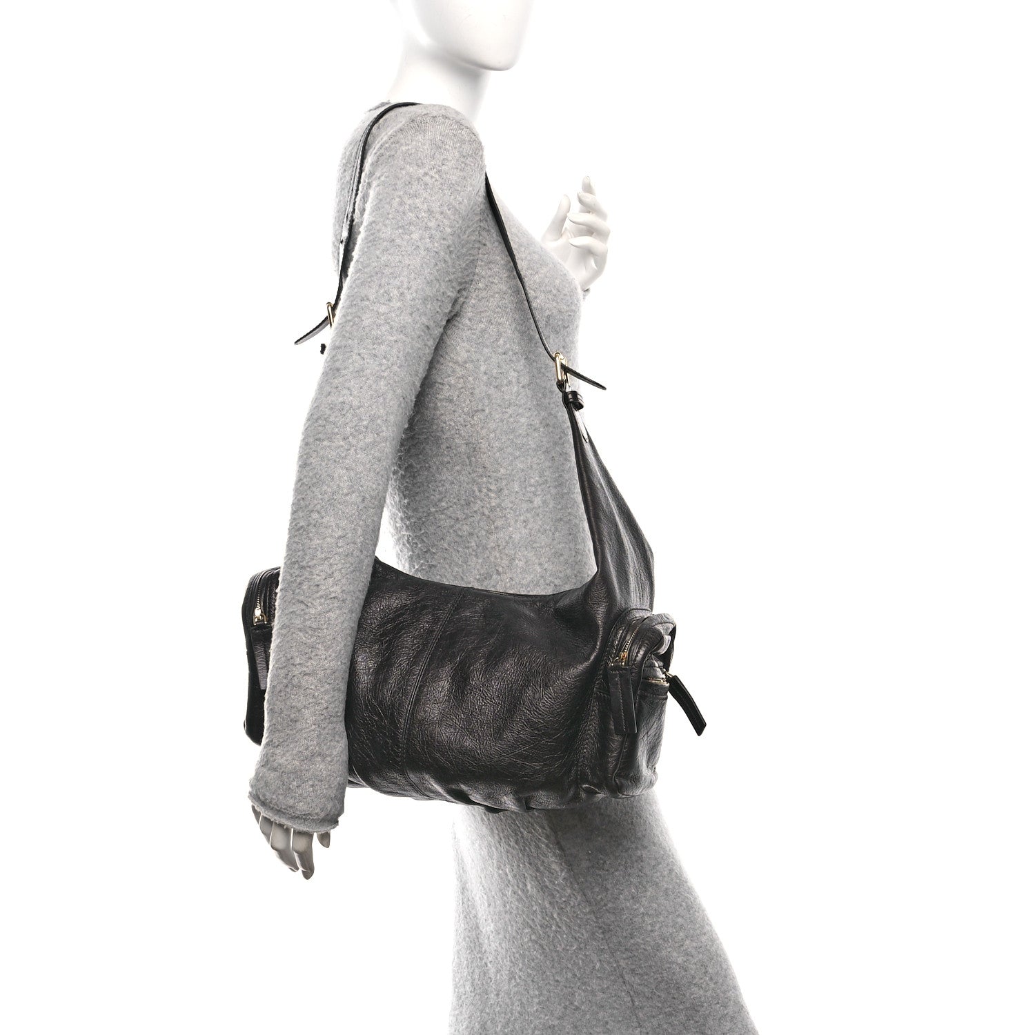 Crinkled Calfskin Large Grand Tour Multipocket Bag Black