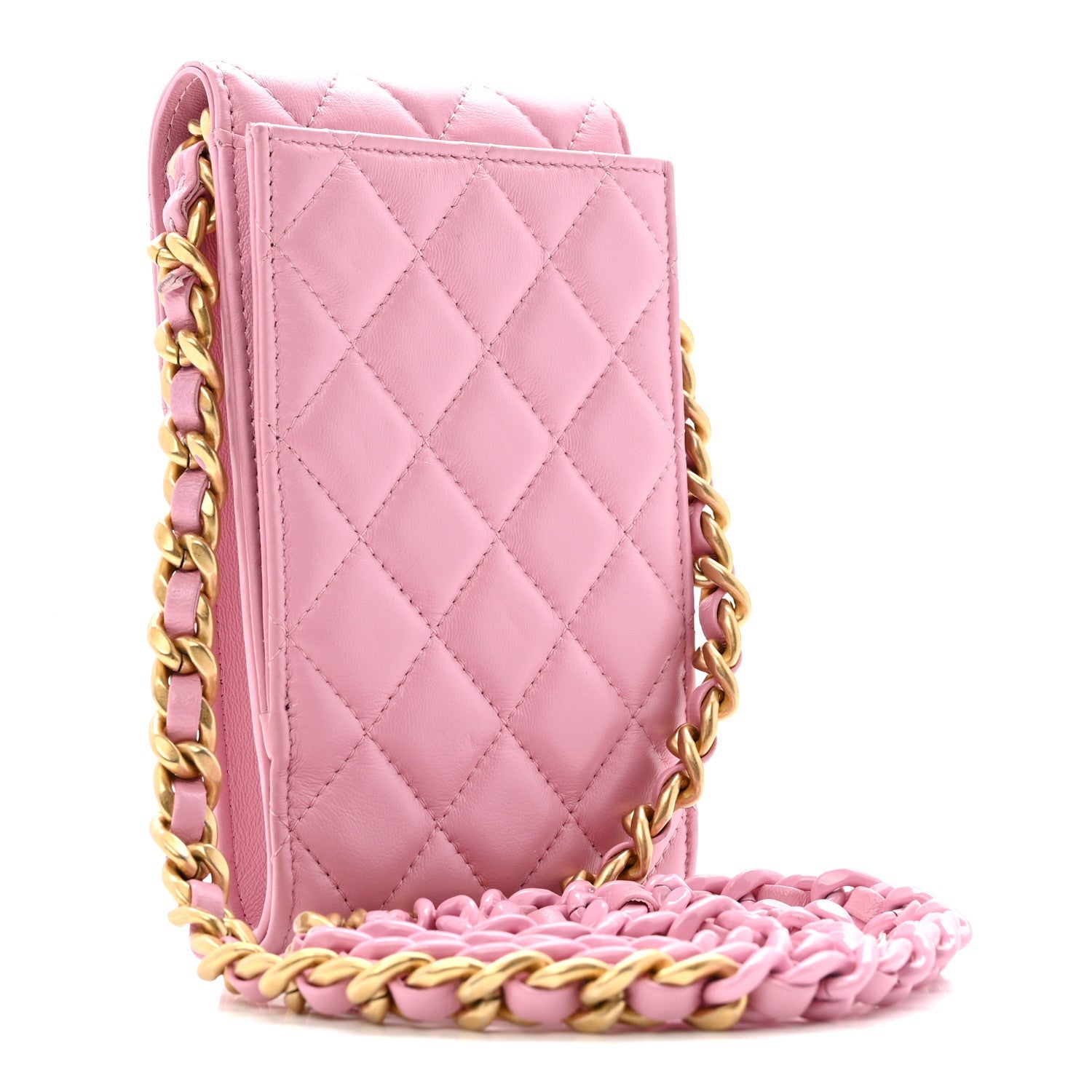Lambskin Quilted Lacquered Chain Phone Holder With Chain Dark Pink