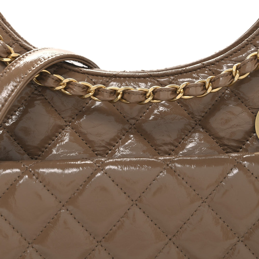 Shiny Crumpled Calfskin Quilted Wavy CC Hobo  Dark Beige