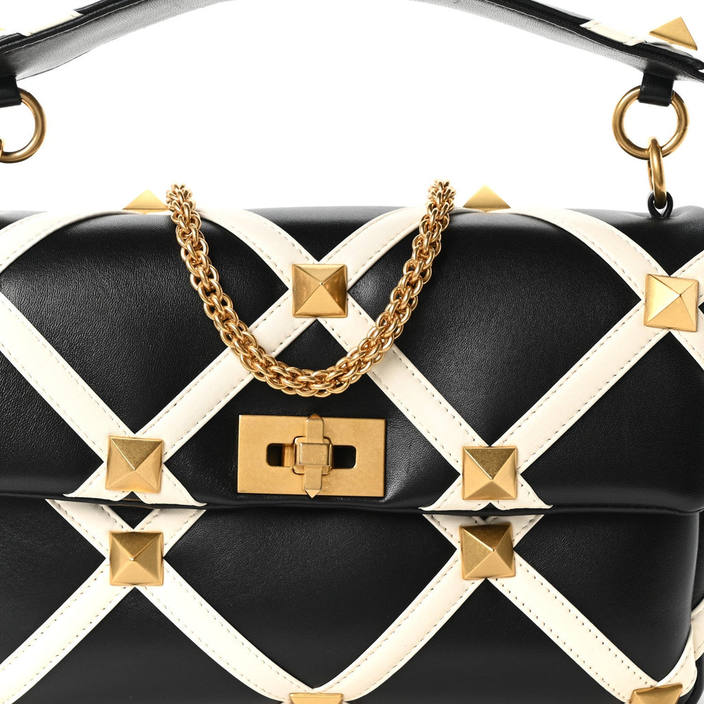 Nappa Large Roman Stud Shoulder Bag Black White