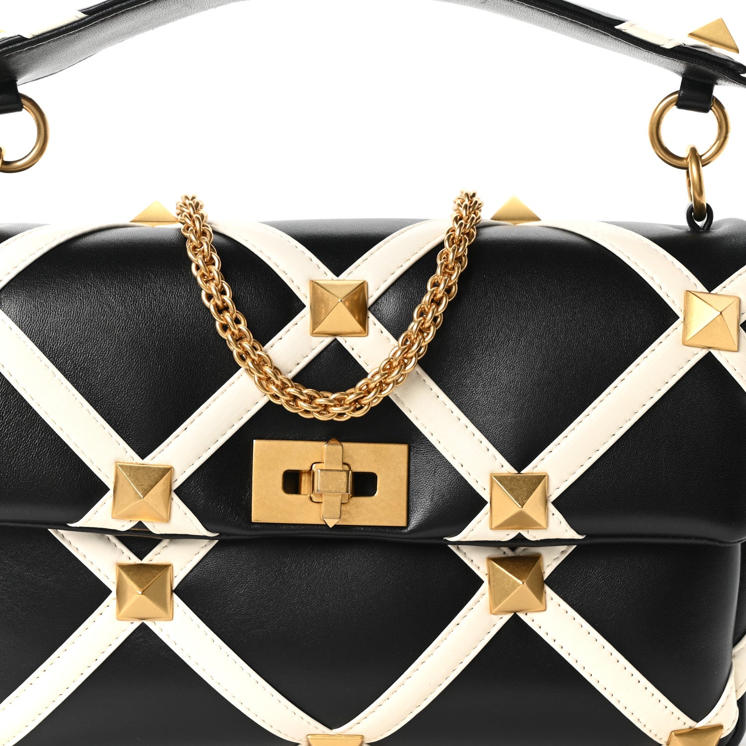 Nappa Large Roman Stud Shoulder Bag Black White