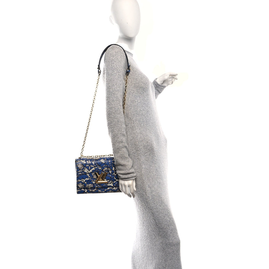 Calfskin Lace Flower Inlay Twist Shoulder Bag MM Navy Black