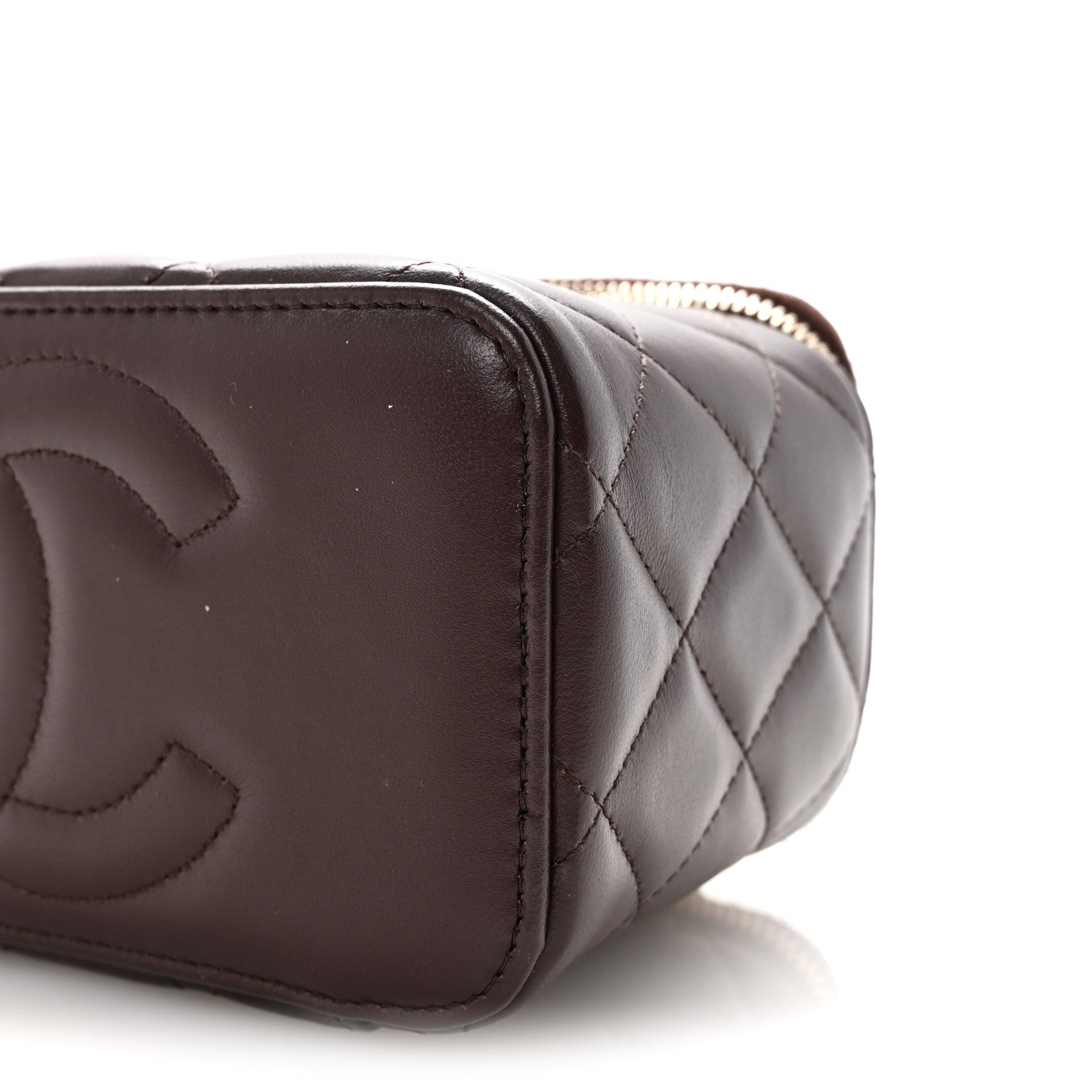 Lambskin Quilted Small Top Handle Vanity Case With Chain Dark Brown