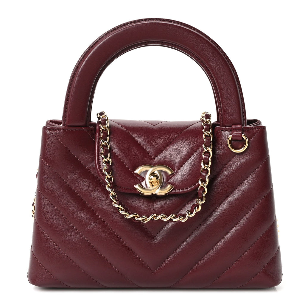 Shiny Lambskin Chevron Quilted Nano Kelly Shopper Dark Burgundy