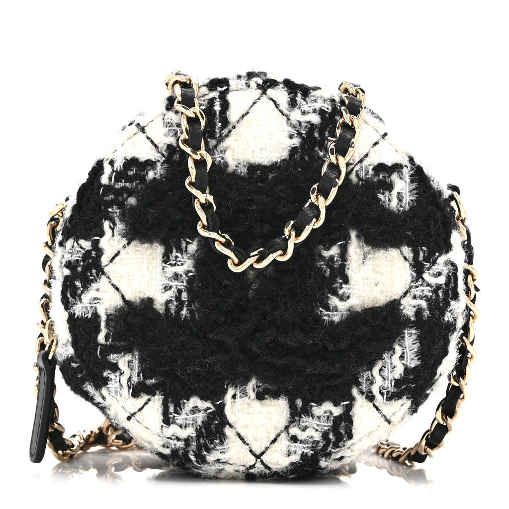 Wool Tweed Lambskin Quilted Round Clutch With Chain and Coin Purse Black White