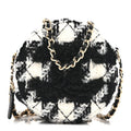 Wool Tweed Lambskin Quilted Round Clutch With Chain and Coin Purse Black White