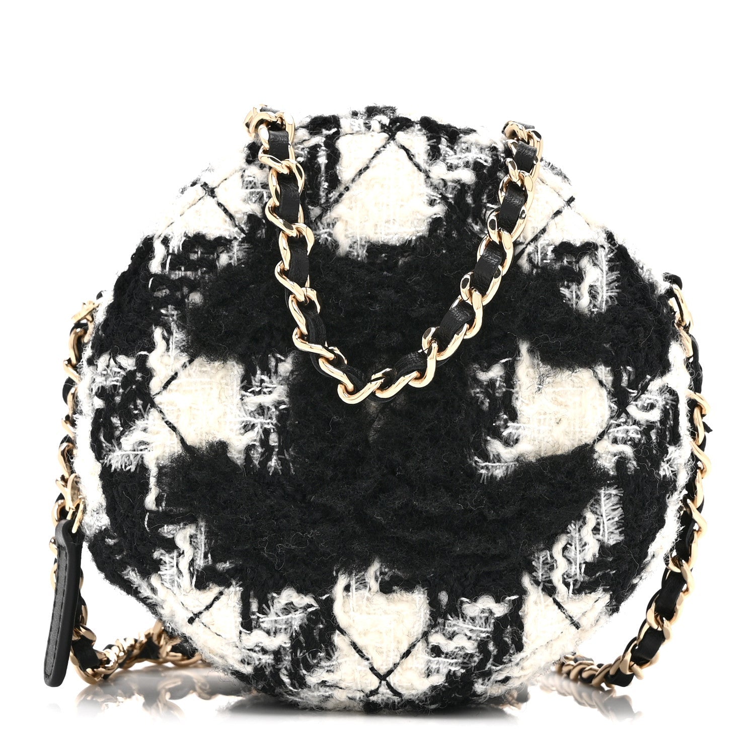 Wool Tweed Lambskin Quilted Round Clutch With Chain and Coin Purse Black White