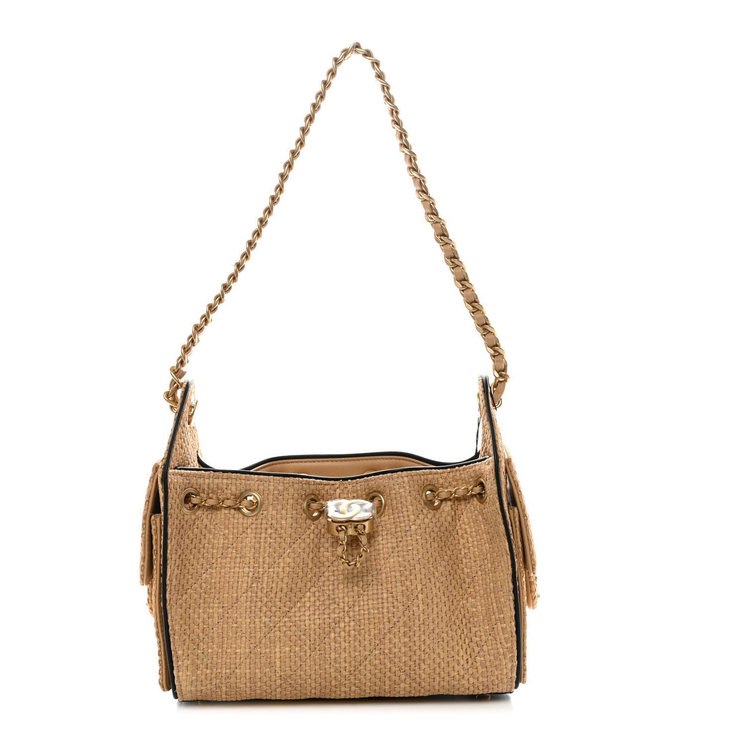 Braided Raffia Calfskin Quilted Mini Chanel 25 Handbag Beige Black