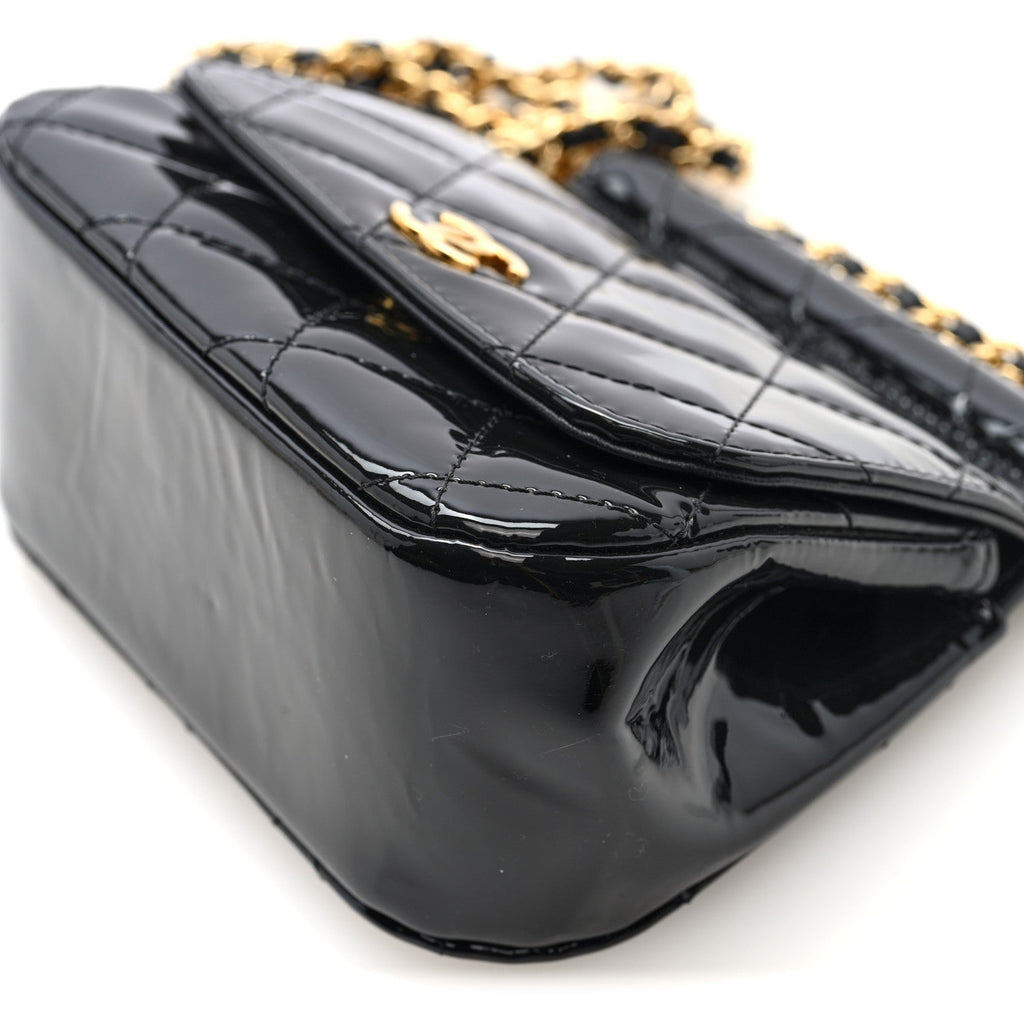 Patent Quilted Frame Clutch Flap With Chain Black