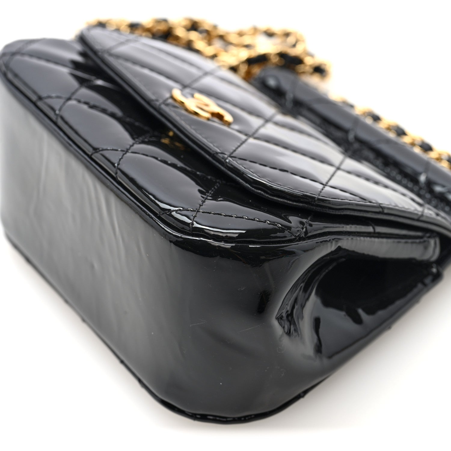 Patent Quilted Frame Clutch Flap With Chain Black