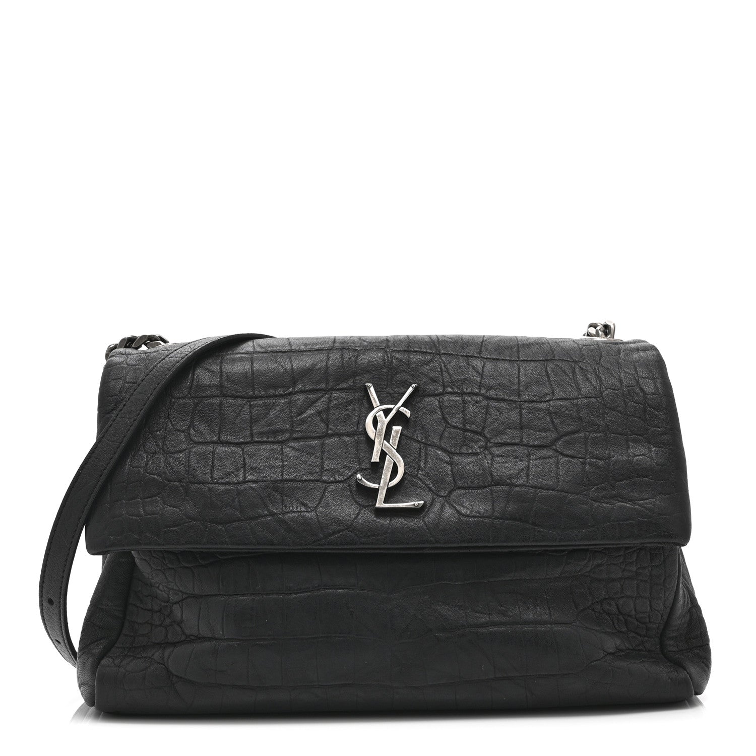 Calfskin Crocodile Embossed Medium West Hollywood Monogram Fold-Over Black
