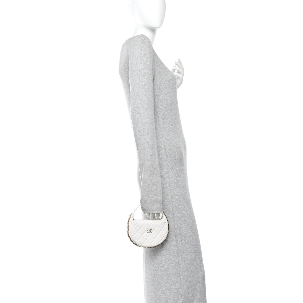 Lambskin Quilted Chain Around Pouch Hobo White
