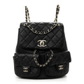 Calfskin Quilted Medium Duma Pockets Drawstring Backpack Black