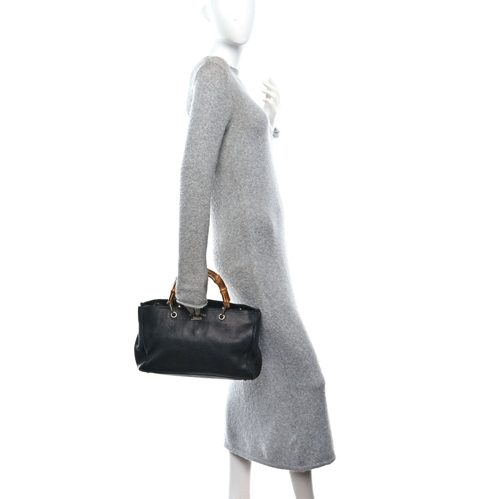 Pebbled Calfskin Medium Bamboo Shopper Tote Black