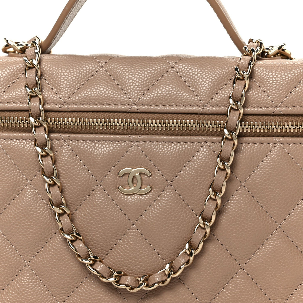 Caviar Quilted Top Handle Slim Vanity With Chain Dark Beige