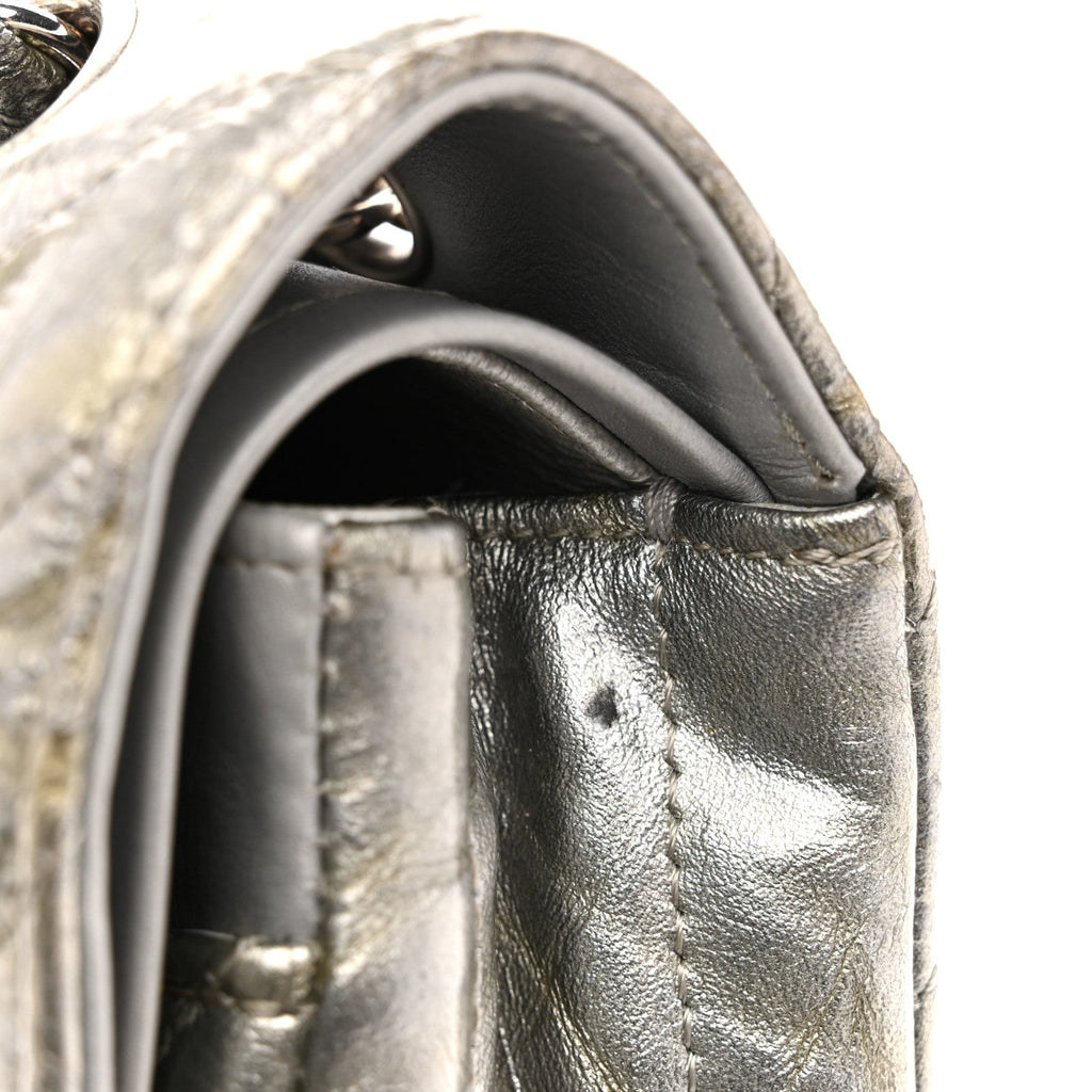 Metallic Patent Crumpled Calfskin Chevron Quilted Medium Double Flap Silver