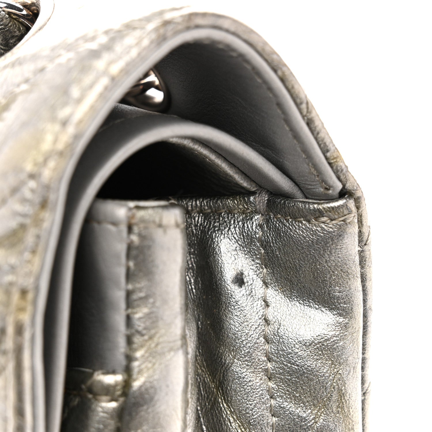 Metallic Patent Crumpled Calfskin Chevron Quilted Medium Double Flap Silver