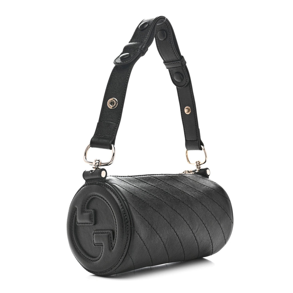 Sakai Be Green Calfskin Diagonal Stitched Mini Blondie Barrel Shoulder Bag Black