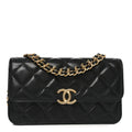 Lambskin Quilted Double Chain Flap Phone Holder With Chain Black