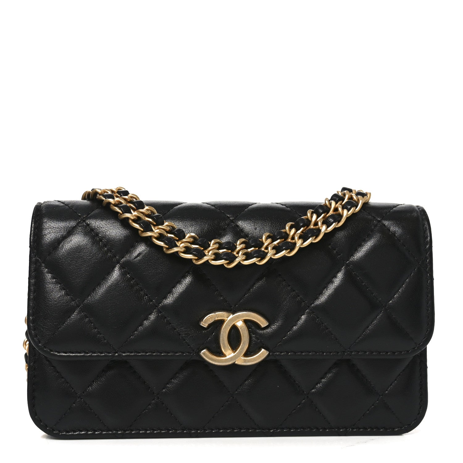 Lambskin Quilted Double Chain Flap Phone Holder With Chain Black