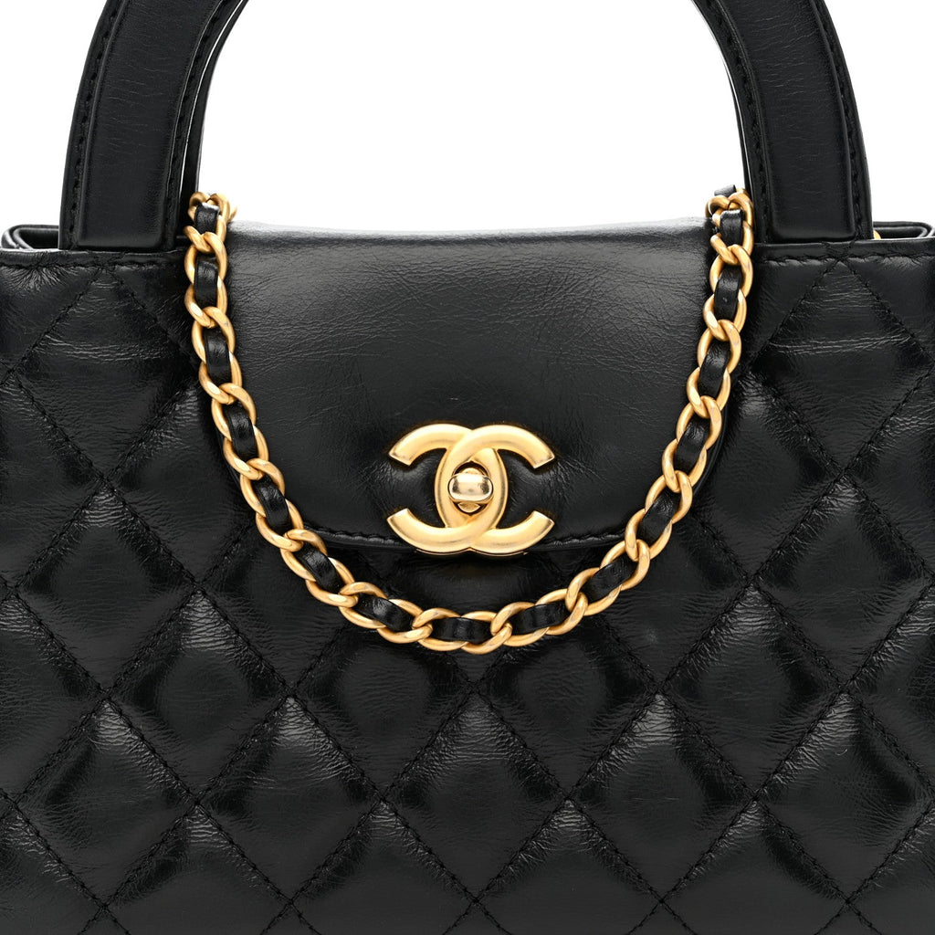 Shiny Aged Calfskin Quilted Nano Kelly Shopper Black