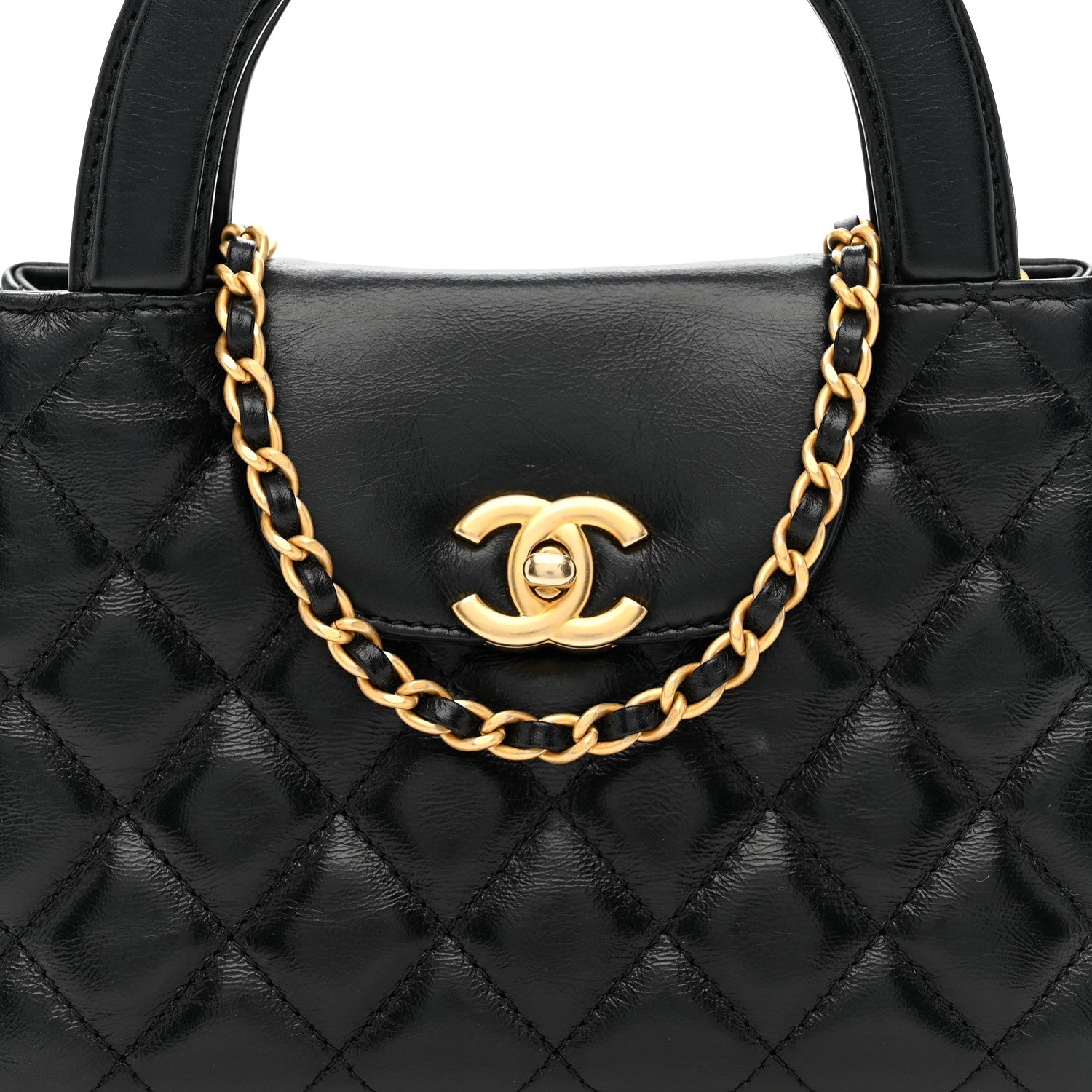 Shiny Aged Calfskin Quilted Nano Kelly Shopper Black