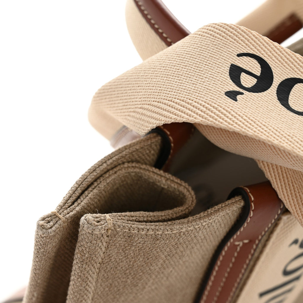 Linen Calfskin Medium Woody Ribbon Tote White Brown