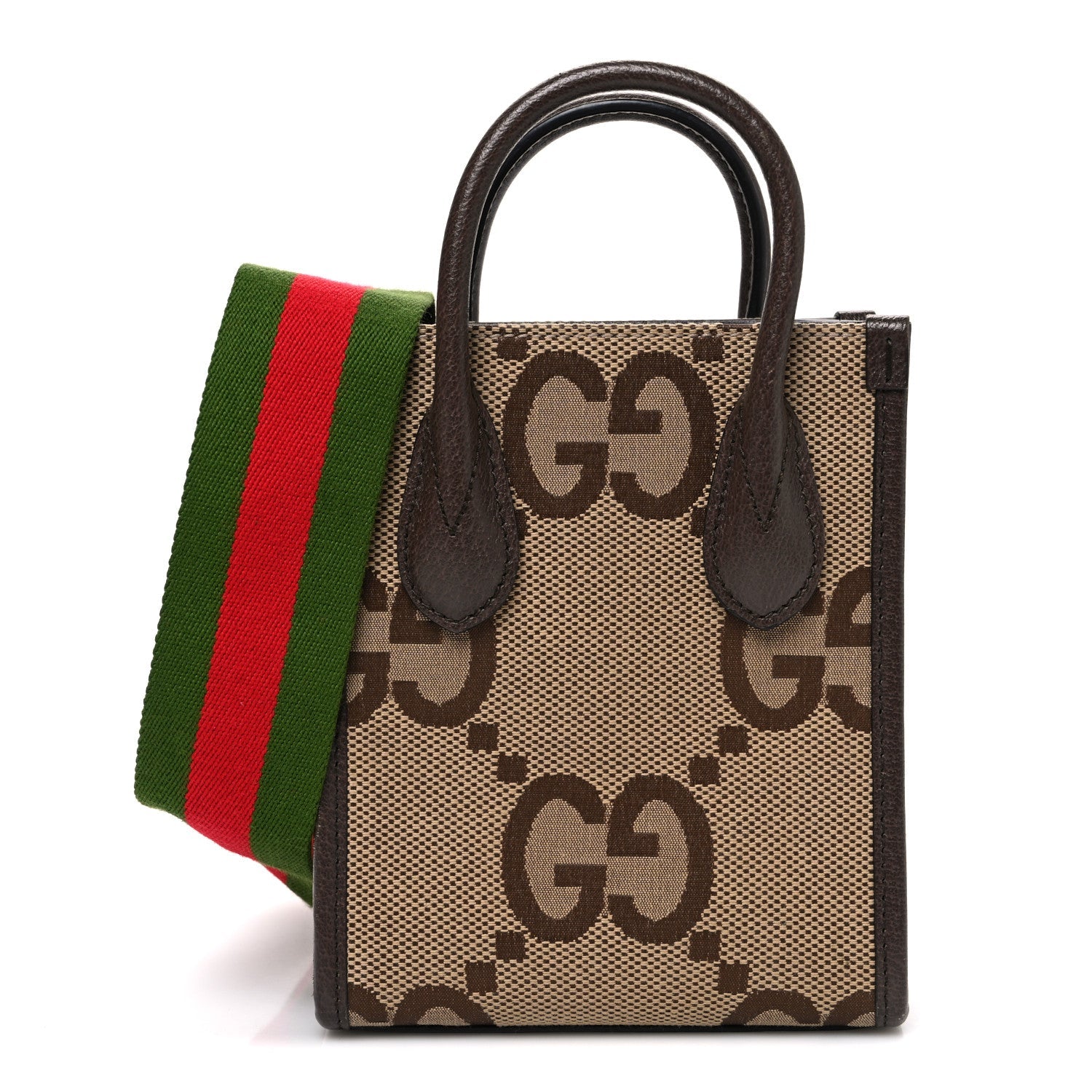 Monogram Jumbo GG Textured Dollar Calfskin Web Mini Vertical Tote Camel Ebony New Acero