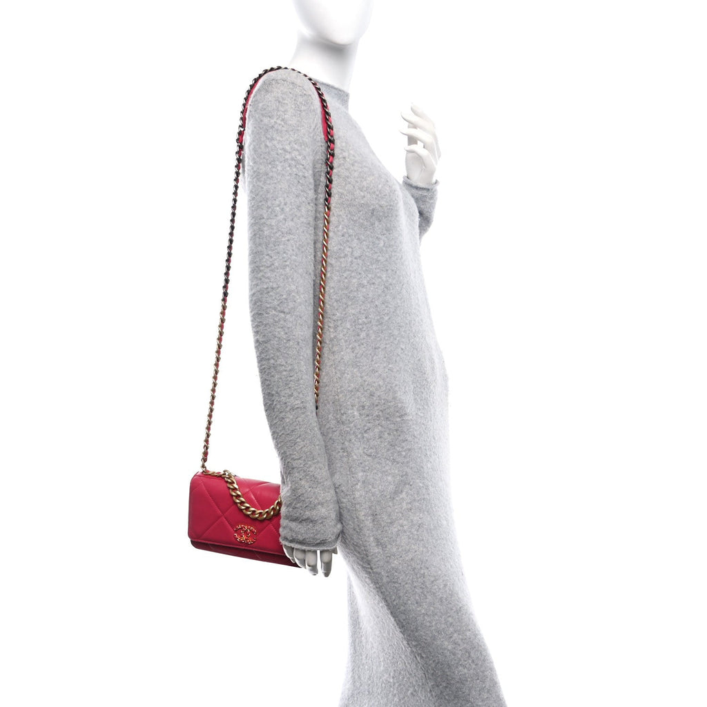 Shiny Goatskin Quilted Chanel 19 Wallet On Chain WOC Pink