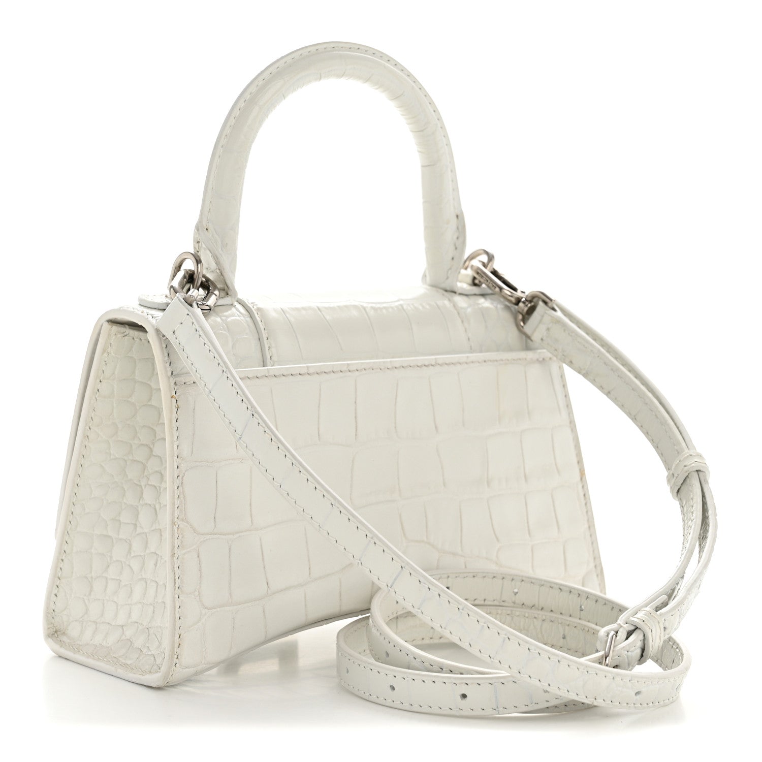 Shiny Calfskin Crocodile Embossed Hourglass Top Handle Bag XS White