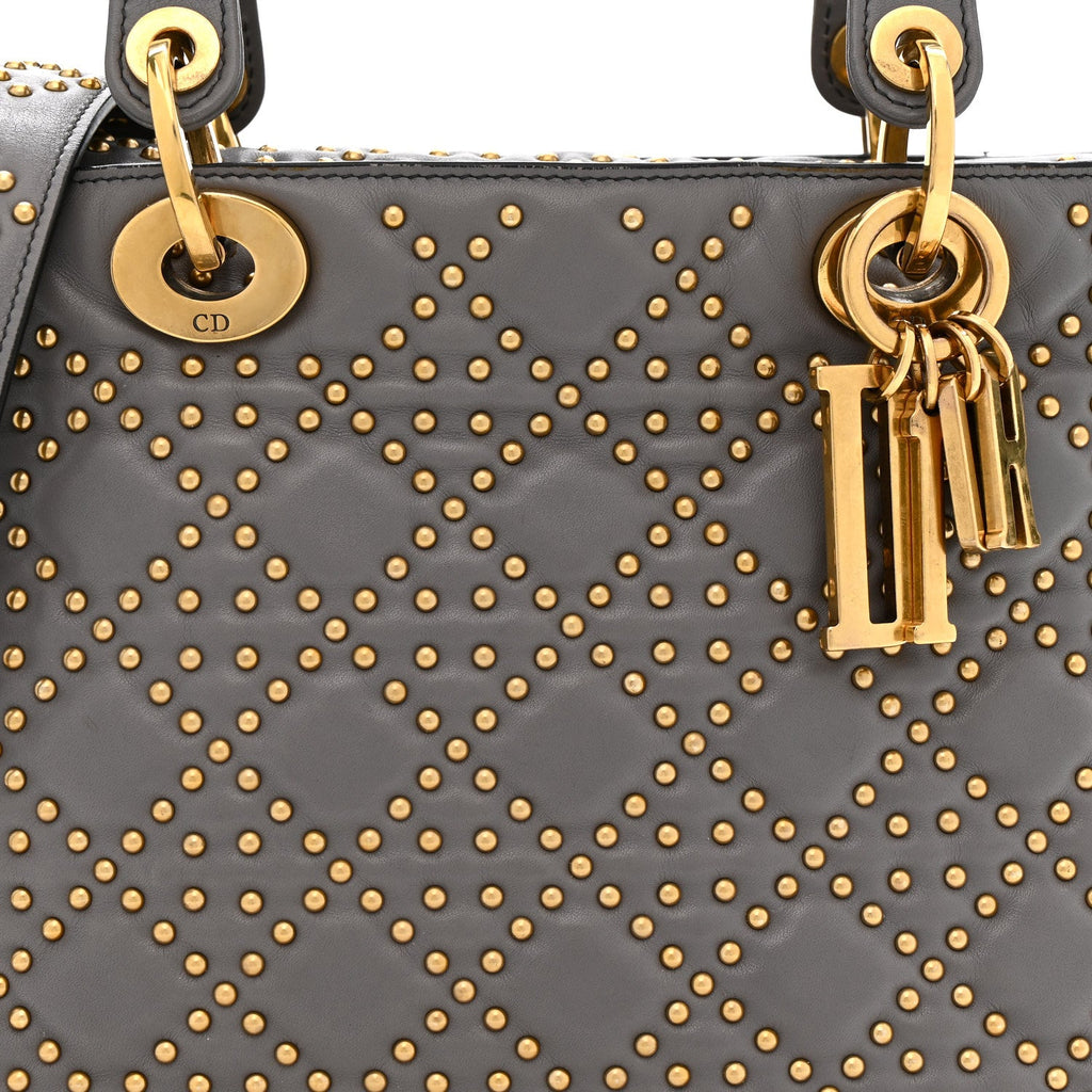Calfskin Cannage Studded Medium Supple Lady Dior Grey