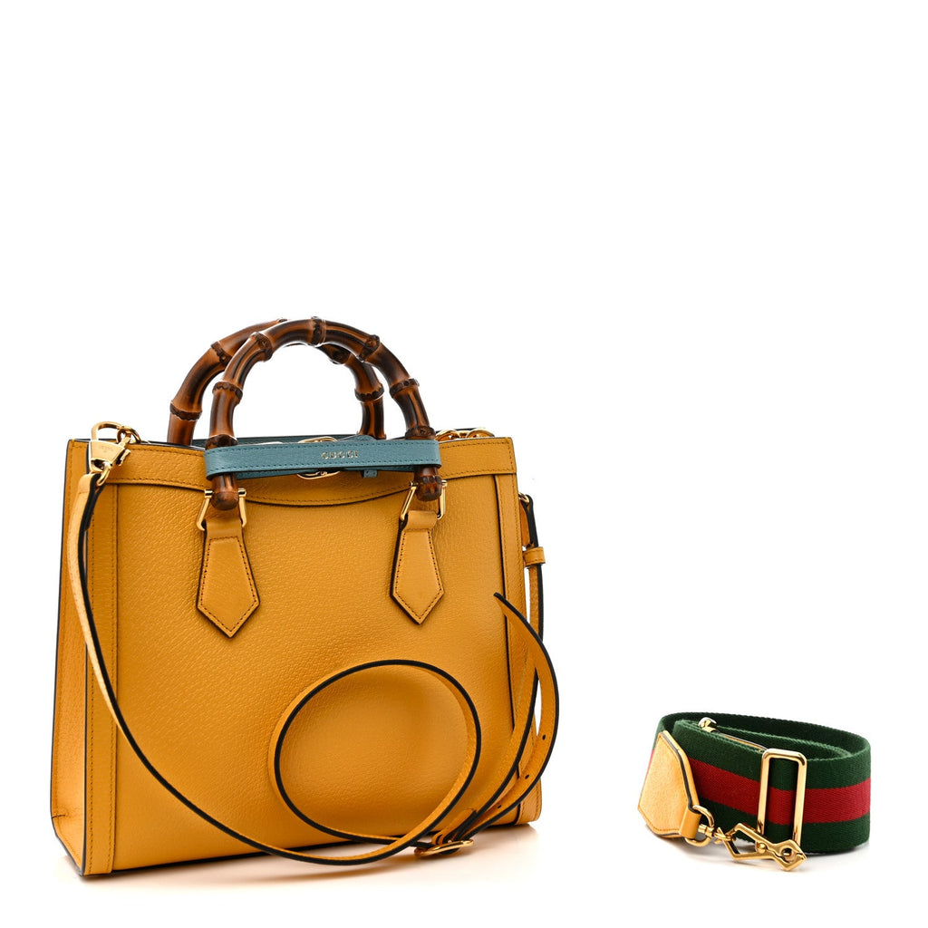 Textured Dollar Calfskin Web Small Diana Tote Bag Yellow Dusty Azure