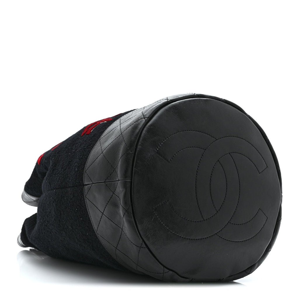 Wool Calfskin Embroidered Paris Hamburg Drawstring Backpack Black
