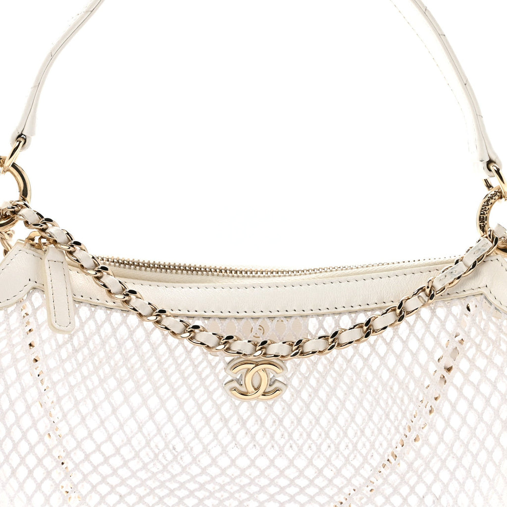 Mesh Shiny Lambskin Chain Hobo White