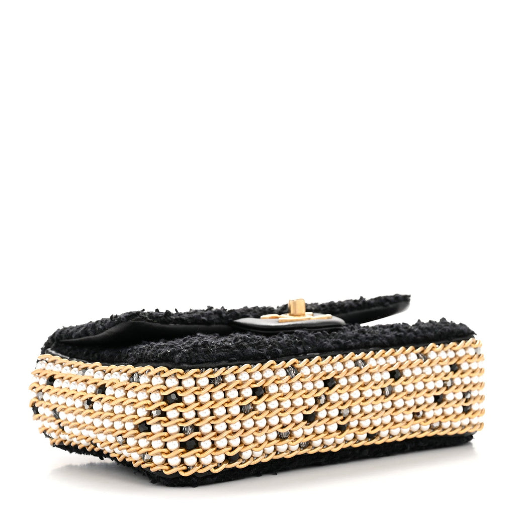 Tweed Quilted Mini Side Pearl Flap Bag Black