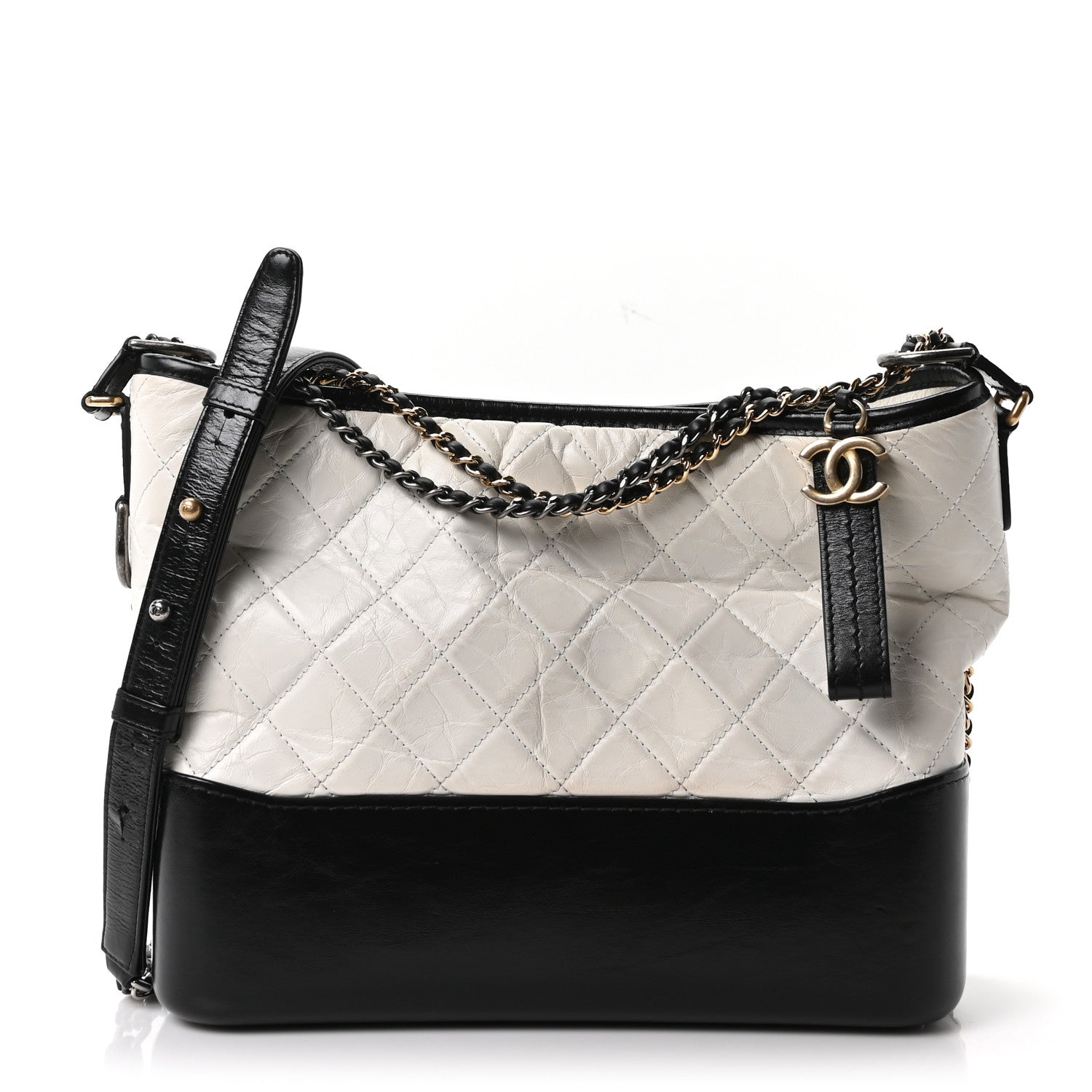 Aged Calfskin Quilted Medium Gabrielle Hobo Black White