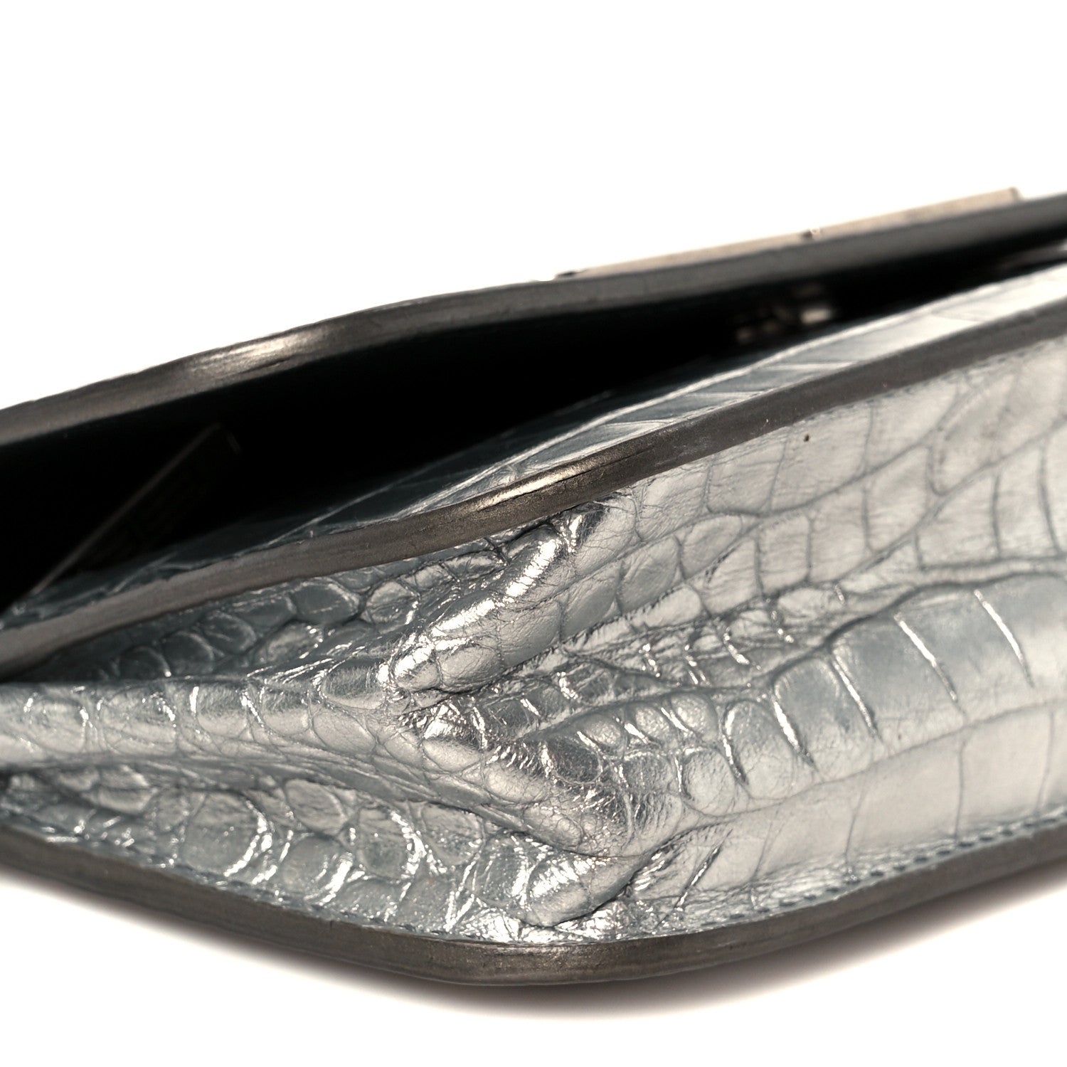 Metallic Extra Supple Calfskin Crocodile Embossed Gossip Wallet On Chain Silver