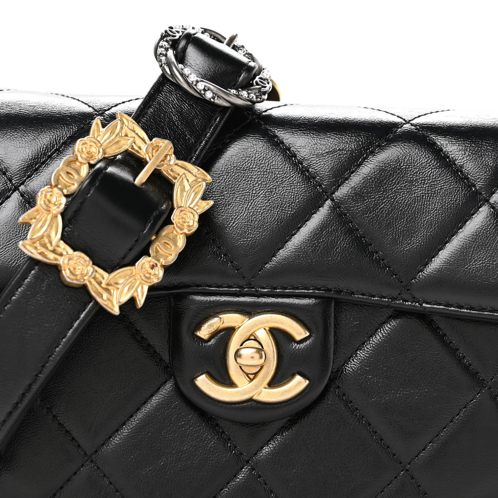 Shiny Calfskin Quilted Buckle Moon Messenger Black